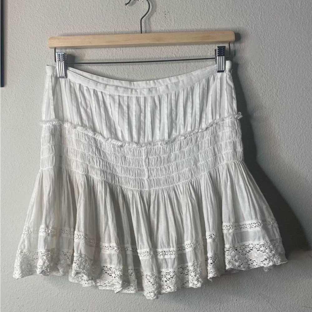 LoveShackFancy Cream Skater Mini Skirt with Smocked Ruffles